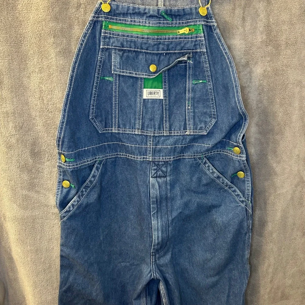 Liberty Mens 32W Blue Denim Bib Overalls Green Zipper Workwear Carpenter Pants